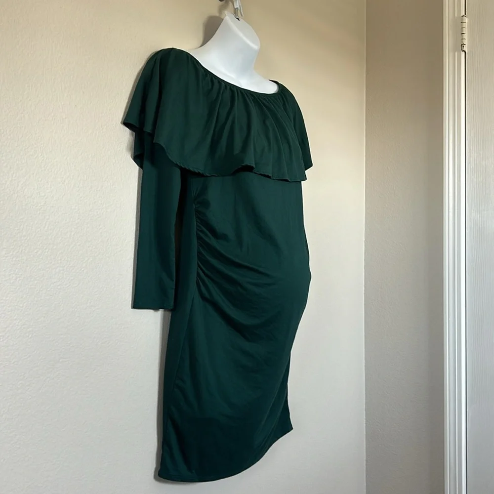 Pinkblush Emerald Green Ruffle Off The Shoulder Long Sleeve Maternity Mini Dress - Picture 6 of 10